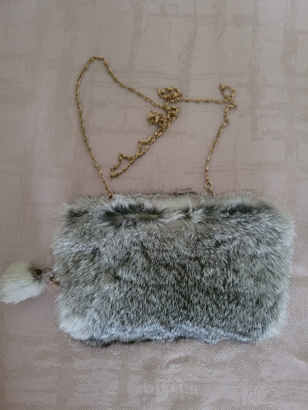 Gray Faux Fur Chain Wristlet Clutch with Pom Pom